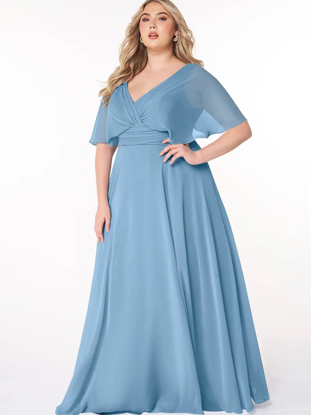 Azazie Dusty Blue V-Back Chiffon Bridesmaid Dress Steel Blue